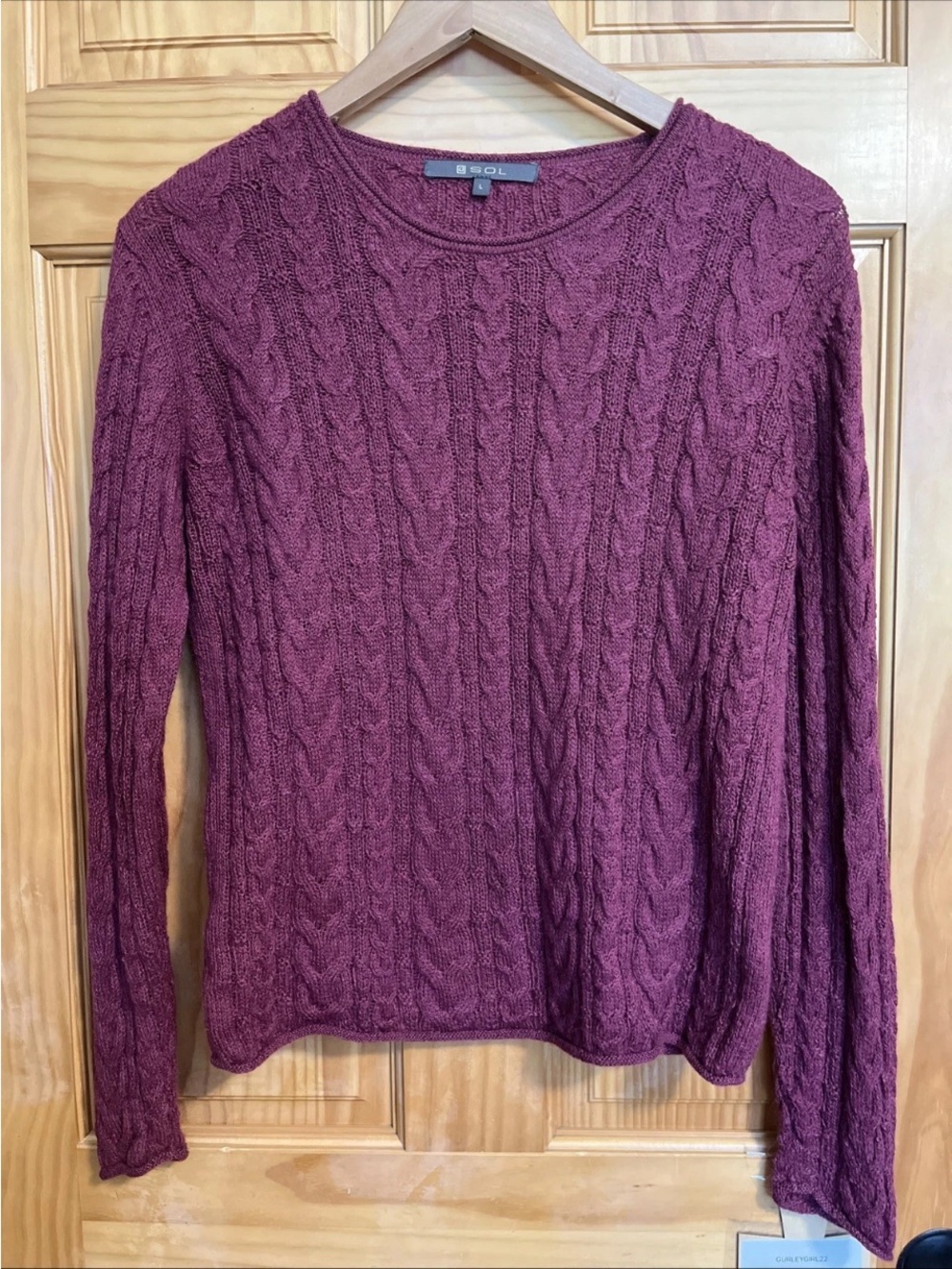 SOL 100% Baby Alpaca Cable Knit Crewneck Sweater - Plum L